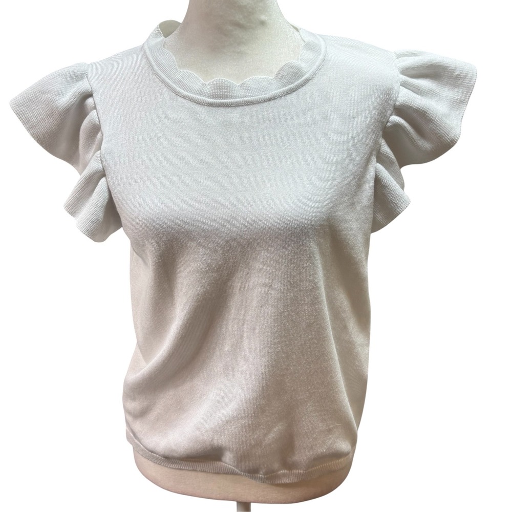 Select Trend White Scalloped Neck Ruffle Sleeve Knit Sweater Top  Small #537